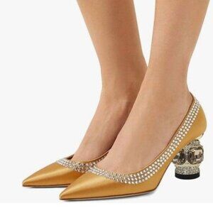 FSJ Orange Satin Bridal Pointed Toe Chunky Low Heel Crystal Pumps Wedding Shoes